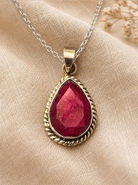 Natural Ruby Corundum Faceted Teardrop 925 Silver Bezel Set Pendant NEW #682